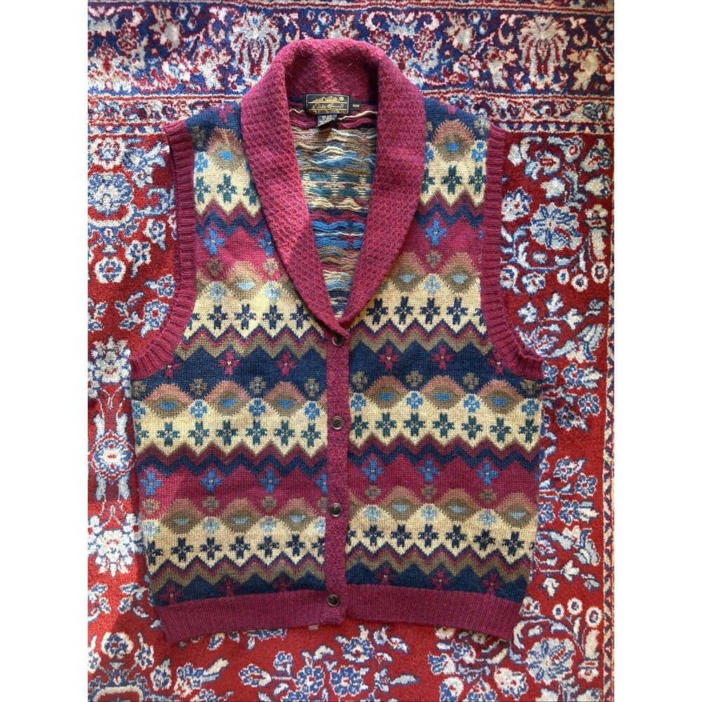Vintage 90s Eddie Bauer Collared Striped Wool Fair Isle Button Up Knit Vest Sz M